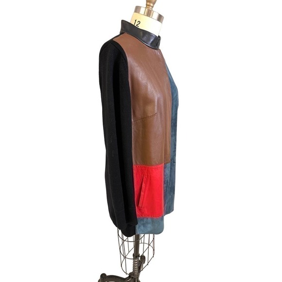 VTG PER SE Colorblock Leather & Suede Long Cardigan Sweater Sz. 16 - Picture 2 of 7